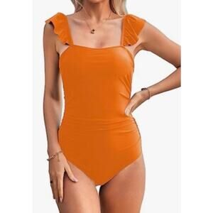 Hilinker Orange Ruffle Shoulder One Piece Swim Suit L NWT